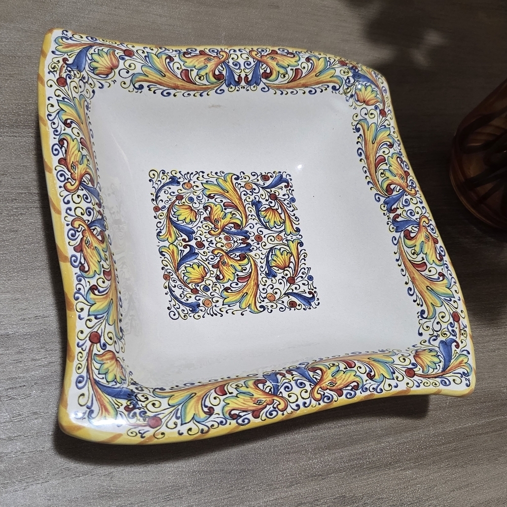 Italy Square Soup Bowl Meridiana Ceramiche 8" Multicolor Scrolls Yellow Wavy Rim